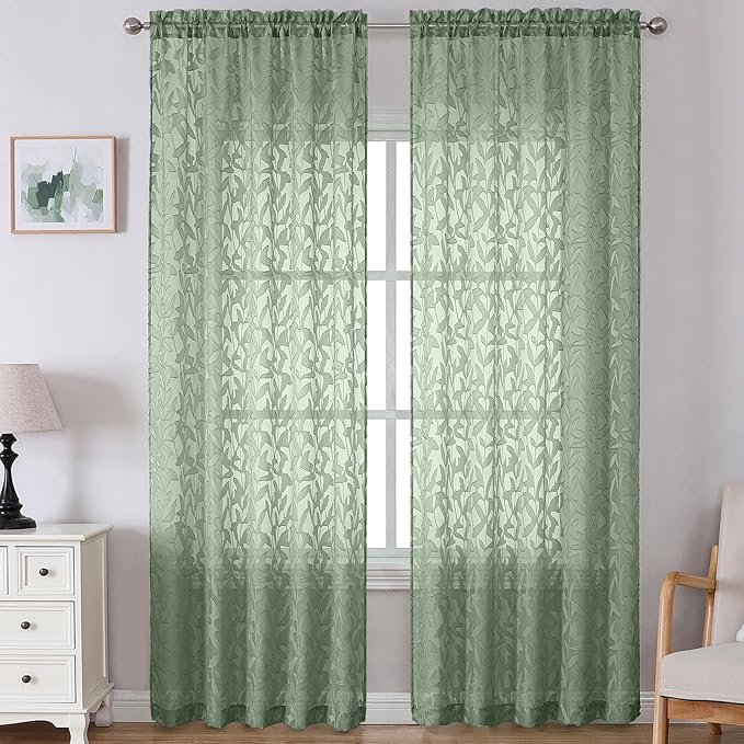 Lecloud Leia Sage Green Sheer Curtains 120 Inches Long 2 Panels, Jacquard Textured Voile Curtains, Modern Gauzy Windows Decor Drapes with Dual Rod Pockets for Living Room Bedroom, Each 52" W x 120" L