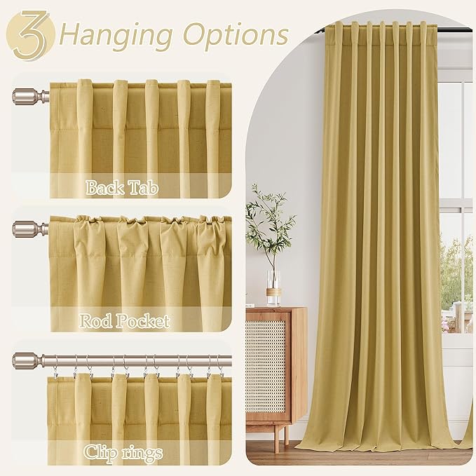 Guken 100% Blackout Curtains 63 Inch Length 2 Panels Set for Living Room Bedroom Back Tab Thermal Insulated Black Out Linen Drapes Room Darkening Window Curtains 63 Inches Long,Gold