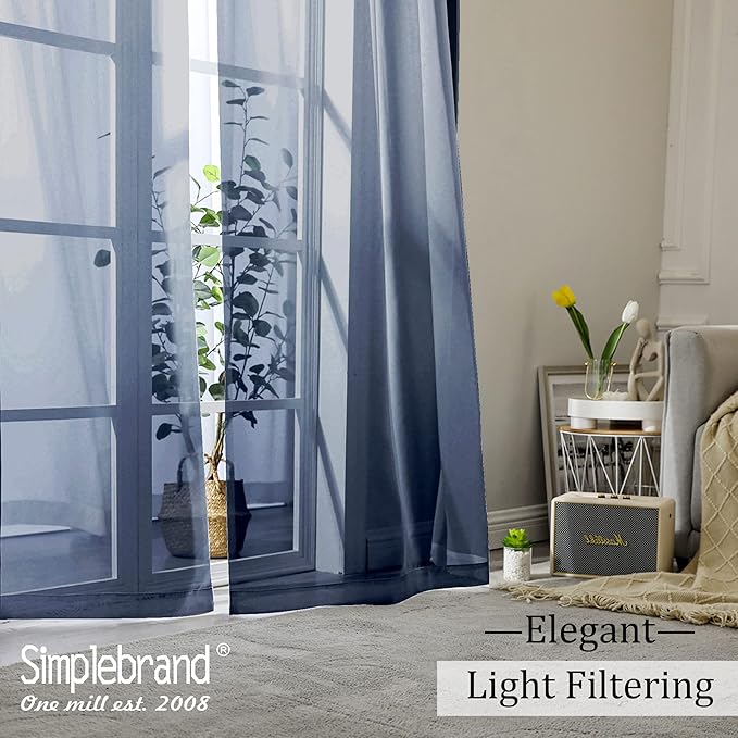 Simplebrand Blue Sheer Curtains 84 Inches Long, Light Filtering Rod Pocket Solid Color Sheer Window Curtain Panels, Elegant Curtains & Drapes for Bedroom 2 Panels (Navy Blue, 42" W x 84" L)