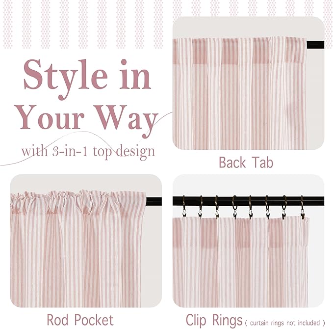 RYB HOME Linen Cafe Curtains 24 inch Length, Kitchen Farmhouse Striped Tier Curtains for Living Room Bathroom Tickingstripe Small Window Rustic Pinstripe Valances, Pink, W26 x L24, 2 Panels