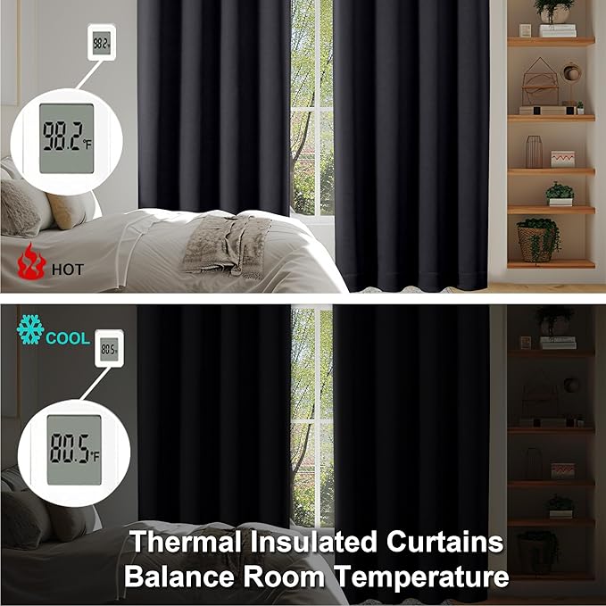 Simplebrand Ava Black Blackout Curtains for Bedroom 63 Inch Length 2 Panels Set, Solid Thermal Insulated Privacy Living Room Window Treatment Curtains Blackout Drapes, W50 x L63 Inch