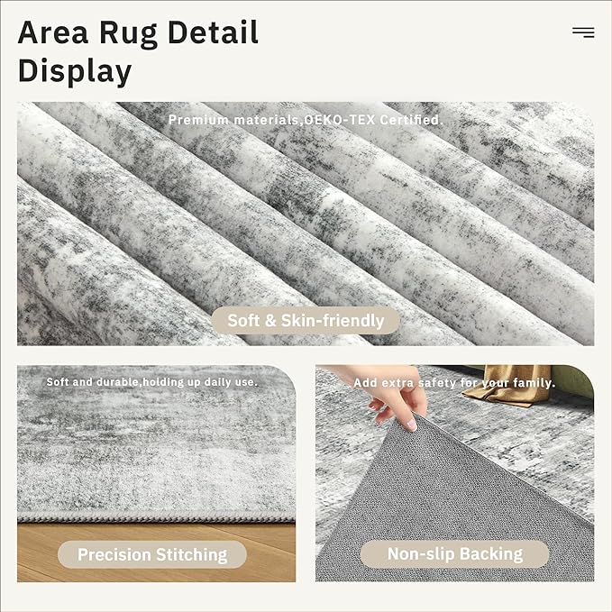 Abstract Rug 5x7 Machine Washable Area Indoor Grey White Low Pile Non-Slip Foldable Thin Accent Rugs for Bedroom Living Room Dining Room