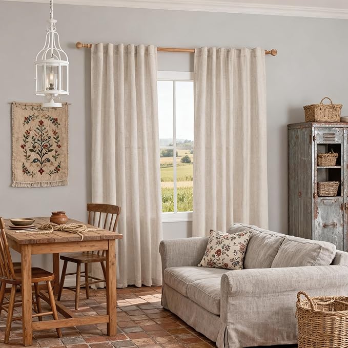 MYSKY HOME Natural Linen Curtains for Living Room, Semi Sheer Curtains & Drapes 80 inches Length 2 Panels Set Farmhouse Country Style Back Tab Draperies for Sliding Glass Door, 50" Wide, Linen