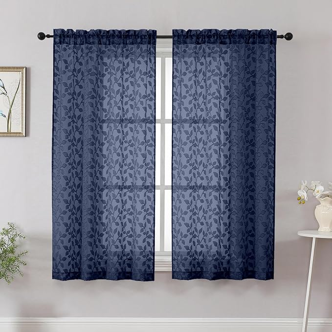Chyhomenyc Navy Blue Short Curtains 45 Inch Length 2 Panels, Light Filtering Leaf Textured Window Curtain Panels for Bedroom Living Room, Elegant Rod Pocket Farmhouse Curtains, 30" Wx45 L, 2 PCS