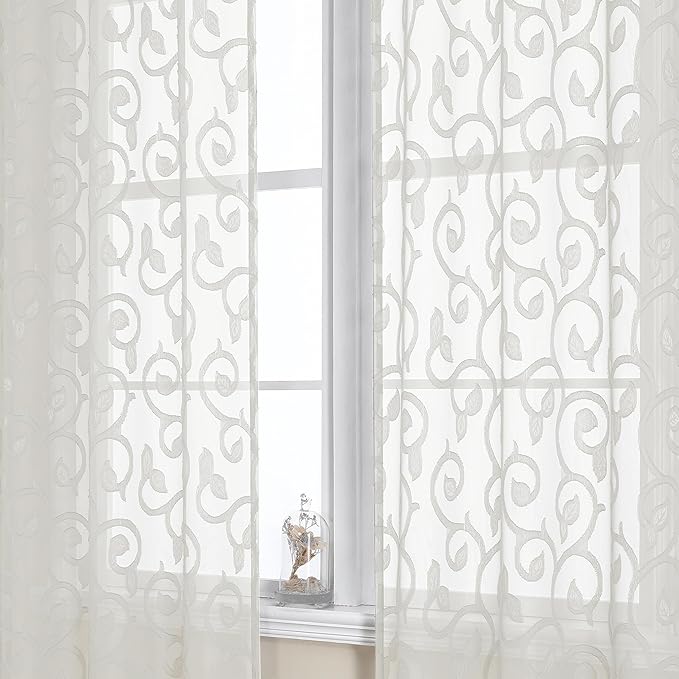 OWENIE Furman Ivory Sheer Curtains 96 inches Long for Bedroom Living Room 2 Panels Set, Light Filtering Soft Semi Sheer Jacquard Clip Farmhouse Curtains Rod Pocket Design, 40Wx96L inch