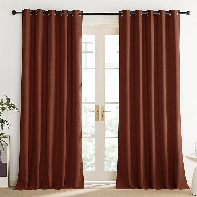 NICETOWN 100% Absolutely Blackout Linen Curtains with Thermal Insulated Liner, 62" Wide, 2 Panels, 84" Long Drapes, Grommet Retro Burnt Orange Linen Curtains Vertical Drapes Privacy for Bedroom
