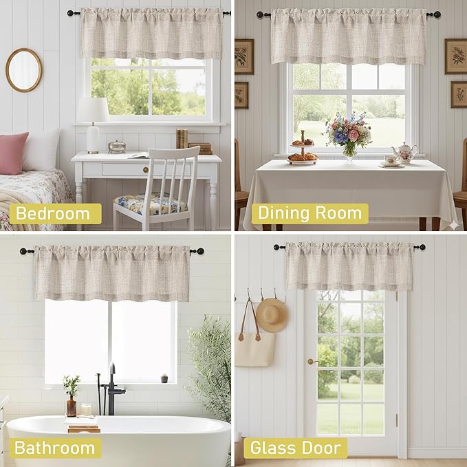 Linen Valances for Windows, Light Filtering Faux Linen Textured Small Short Valance Curtains for Bathroom Basement Farmhouse, Rod Pocket Top Half Curtains for Windows, 60Wx12L Inch
