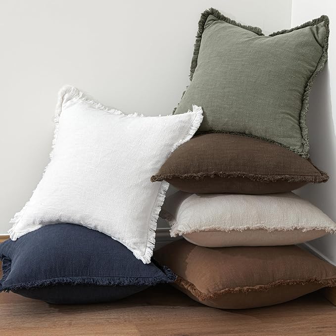 MIULEE Decorative Throw Pillow Covers Neutral Linen Fringe Throw Pillows Euro Shams Set of 2 Chocolate Brown Boho Farmhouse Cushion Covers for Couch Sofa Bed Living Room Spring Home Decor 22x22 Inch