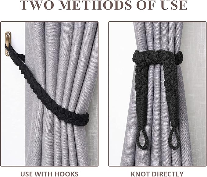 NICEEC 4 Pack Natural Cotton Rope Curtain Tiebacks Elegant Boho Style Decorative Drape Tie Backs Soft Hand-Woven Rope Curtain Holdbacks with Metal Hook for Home & Office Drapery (Black)