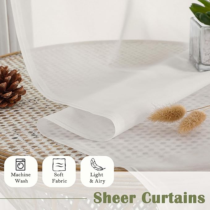 Lecloud Ivory Sheer Curtains 96 Inches Long 2 Panels Set, Solid Airy Voile Dual Rod Pocket Sheer Curtains, Elegant Light Filtering Window Curtain Drapes for Living Room Bedroom Garden, 59" W x 96" L