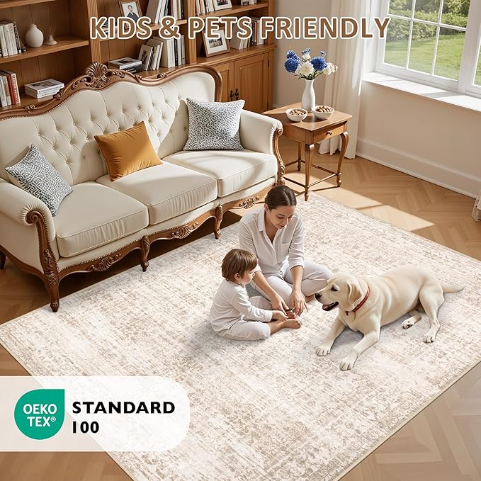 8x10 Area Rugs for Living Room: Washable Rug Soft Vintage Boho Carpet Indoor Floor Non-Slip Stain Resistant Floral Large Carpets for Bedroom Dining Room Farmhouse Nursery Home Office Beige