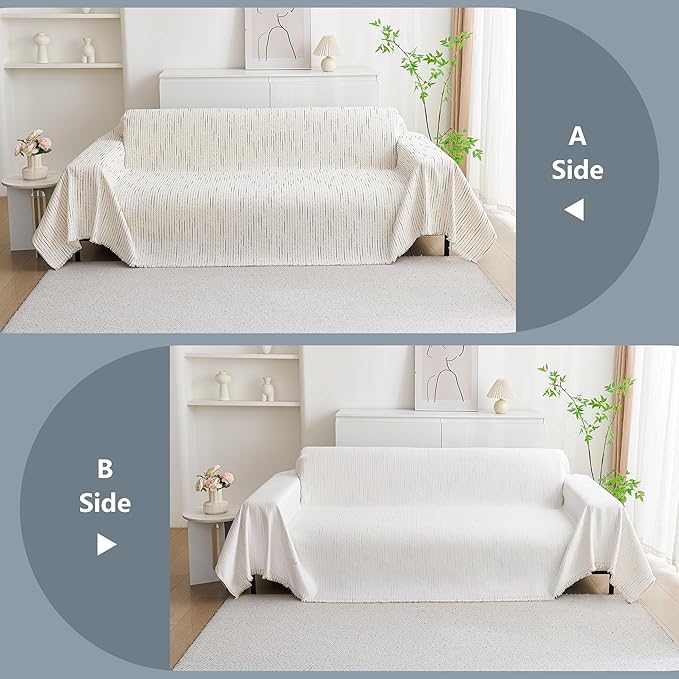 MYSKY HOME Couch Cover for Dogs, Sectional Couch Cover, Beige Lines Sofa Covers for Sectional Sofa L Shape Chenille Couch Protector for Dogs Pets Couch Covers Washable Soft Throw, 91"X134"