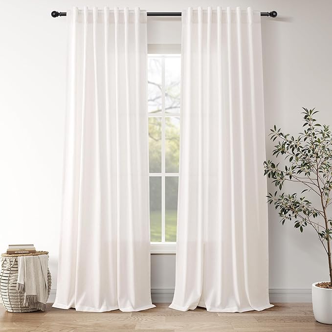Ivory White Linen Curtains 108 Inches Long Back Tab Pocket Modern Farmhouse Linen Light Filtering Curtain Extra Long Semi Sheer Curtain Drapes for Living Room Bedroom 9Ft 52X108,2 Panels