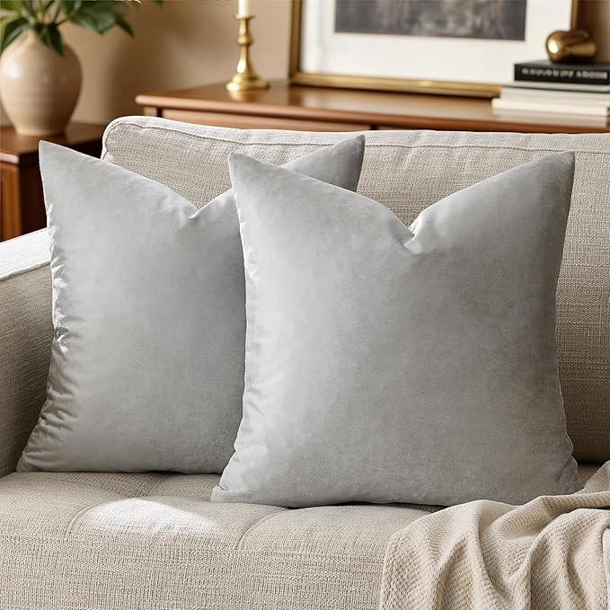 GIGIZAZA Velvet Silver Grey Pillow Covers 20x20 Set of 2 Square Throw Pillow Covers Modern Decorative Pillows for Living Room Couch Luxury Big Pillow Cases