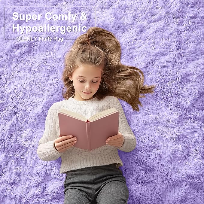 OLANLY 5x8 Machine Washable Large Area Rugs for Living Room, Bedroom, Soft Fluffy Shaggy Bedside Rug, Indoor Floor Carpet for Kids Girls and Boys, Dorms, Nursery, Home Decor Aesthetic, Light Purple
