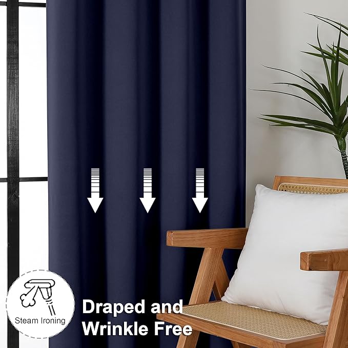 Simplebrand Ava Navy Blue Blackout Curtains for Bedroom 63 Inch Length 2 Panels Set, Solid Thermal Insulated Privacy Living Room Window Treatment Curtains Blackout Drapes, W50 x L63 Inch
