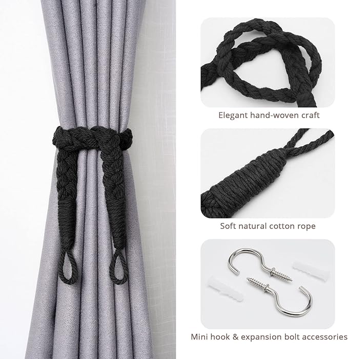 NICEEC 4 Pack Natural Cotton Rope Curtain Tiebacks Elegant Boho Style Decorative Drape Tie Backs Soft Hand-Woven Rope Curtain Holdbacks with Metal Hook for Home & Office Drapery (Black)