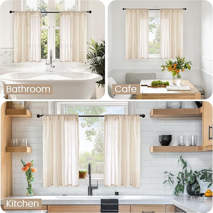 BGment Burlap Linen Farmhouse Kitchen Curtains 36 Inch Length - Half Drapes Light Filtering Semi Sheer with Rod Pocket for Bathroom Cafe Windows Lightweight, 2 Panels Set, 30 X 36 Inch