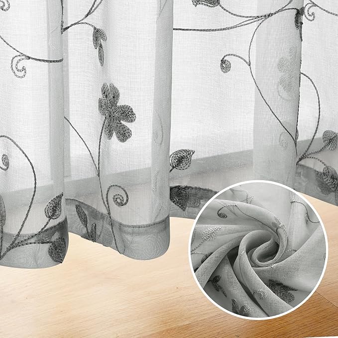 HOMEIDEAS Grey Sheer Curtains 84 Inches Long 2 Panels Embroidered Floral Pattern Semi Sheer Window Curtains for Bedroom Living Room