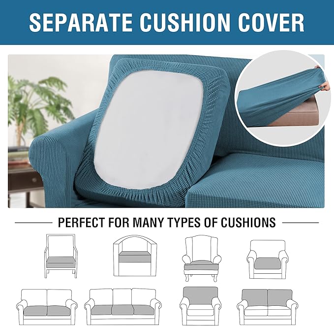H.VERSAILTEX 3 Piece Stretch Sofa Covers for 2 Cushion Sofa Couch Covers for Living Room Furniture Cover (Base Cover Plus 2 Seat Cushion Covers) Thicker Jacquard Fabric(Large Sofa, Storm Blue)