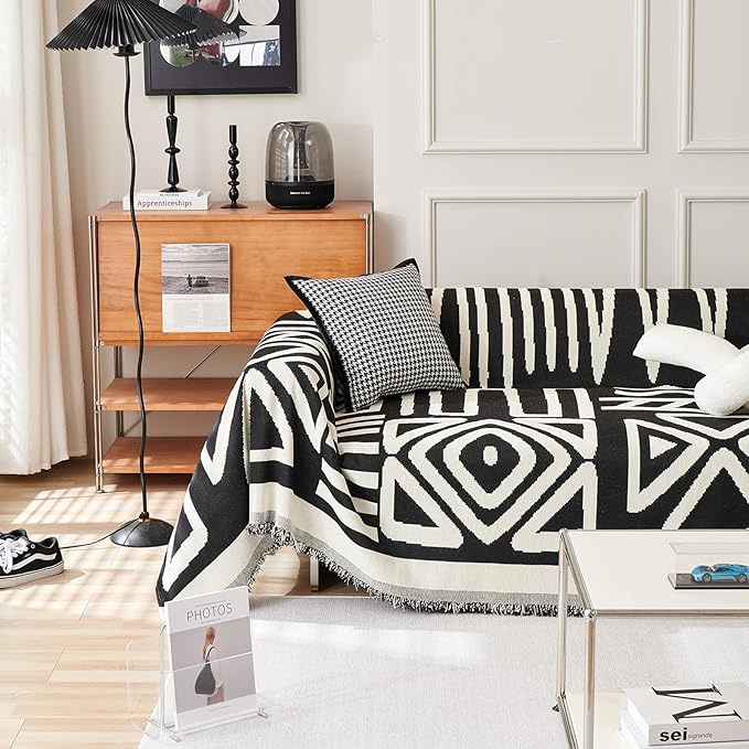 HANDONTIME Boho Sofa Covers for Dogs Black Couch Sofa Covers for 3 Cushion Couch Sofa Beige Chenille Sofa Slipcover Washable Sectional l Shaped Covers Pets Protector Furniture Covers, 71" X134"
