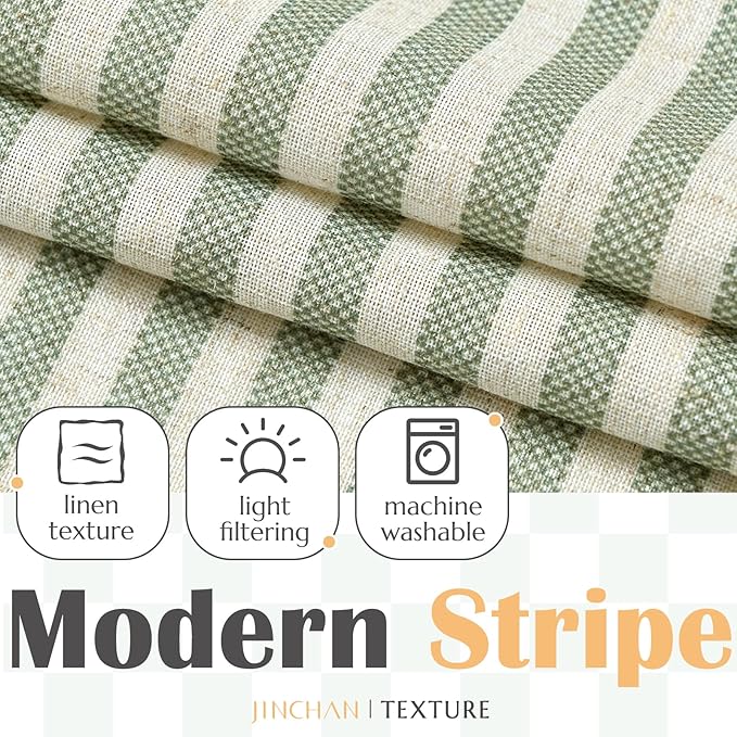 jinchan Linen Valance Curtain Striped Small Window Curtain Double Layer Light Filtering Modern Farmhouse Valance for Kitchen Living Room Bedroom 18 Inch Rod Pocket 1 Panel Green on Beige