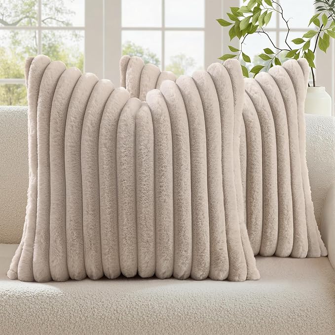 decorUhome Cozy Faux Fur Throw Pillow Covers 18x18 Set of 2 Decorative Soft Plush Striped Modern Farmhouse Boho Couch Pillow Cases with Velvet Back for Sofa Bed Living Room, Tan