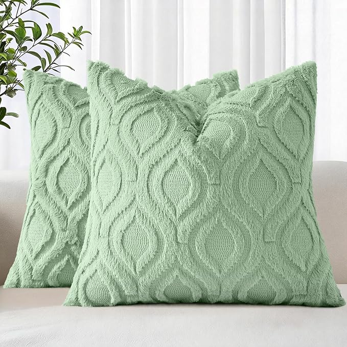 decorUhome Throw Pillow Covers 24x24 Inch Set of 2, Soft Plush Faux WoolSage Green Solid Couch Pillow Covers, Accent Euro Sham Farmhouse Neutral Square Pillow Cases for Sofa Bed Living Room