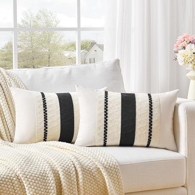 Fancy Homi Set of 1 Boho Black Long Lumbar Decorative Throw Pillow Cover 12x24 Inch for Couch Bed Sofa Chair, Modern Organic Farmhouse Home Decor, Soft Cotton Cute Accent Rectangle Cushion Case