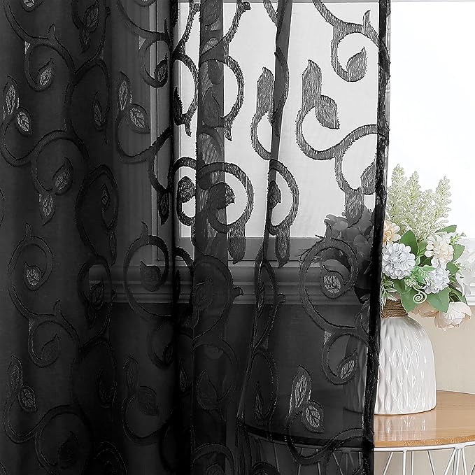 OWENIE Furman Sheer Black Curtains 90 inches Long for Bedroom Living Room 2 Panels Set, Light Filtering Soft Semi Sheer Jacquard Clip Farmhouse Curtains Rod Pocket Design, Each 52Wx90L inch