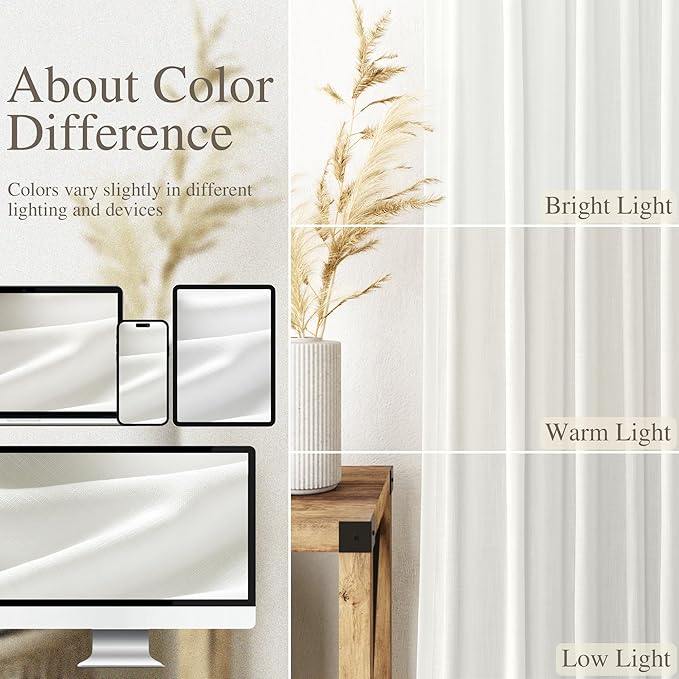 Nanspring Ivory Linen Blend Light Filtering Curtains 86 Inch Length 2 Panel Set Pocket Back Tab Privacy Semi Sheer Decorative Decor Curtain Drapes for Bedroom Living Room 52x86 Inches Long
