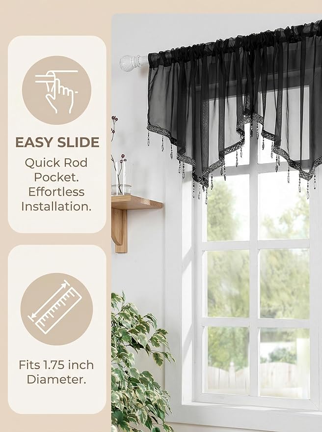 Molaxhome Swag Curtain 51 inch Length Rod Pocket Scalloped Curtain Valance Sheer Lace Panels with Hanging Crystal Beads for Kitchen Bedroom Window Treatments Drape Decor 1pc (Black, 51Wx23L)