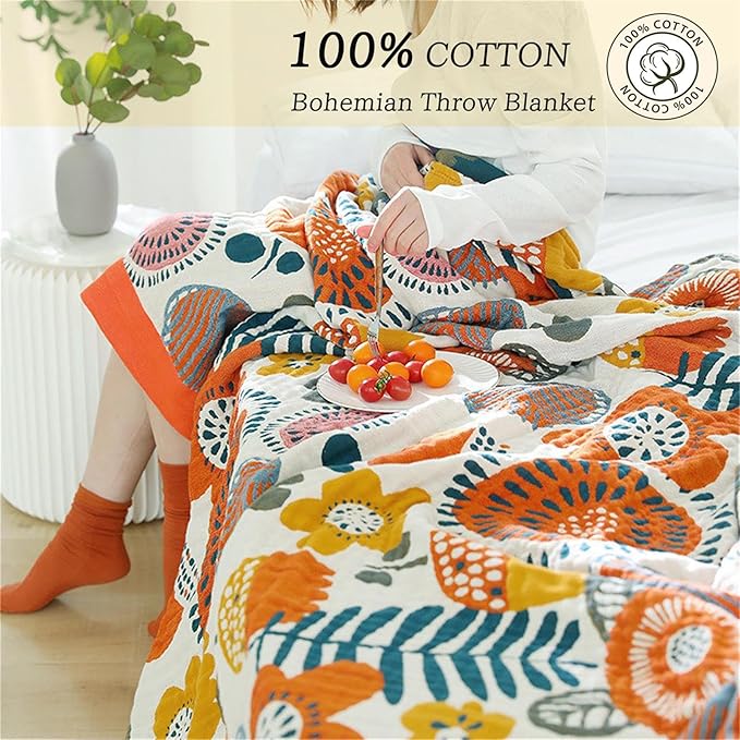 MSGKV Cotton Throw Blanket for Couch Bed 90''x98'', Floral Soft Farmhouse Blanket Spring Decorative Quilt Gifts for Women Muslin