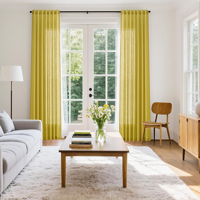 Nanspring Celery Yellow Linen Curtains 84 Inch Length 2 Panels Set for Living Room Back Tab Light Filtering Semi Sheer Curtain for Bedroom Farmhouse Drapes, 52x84 Inch, 2 Panels