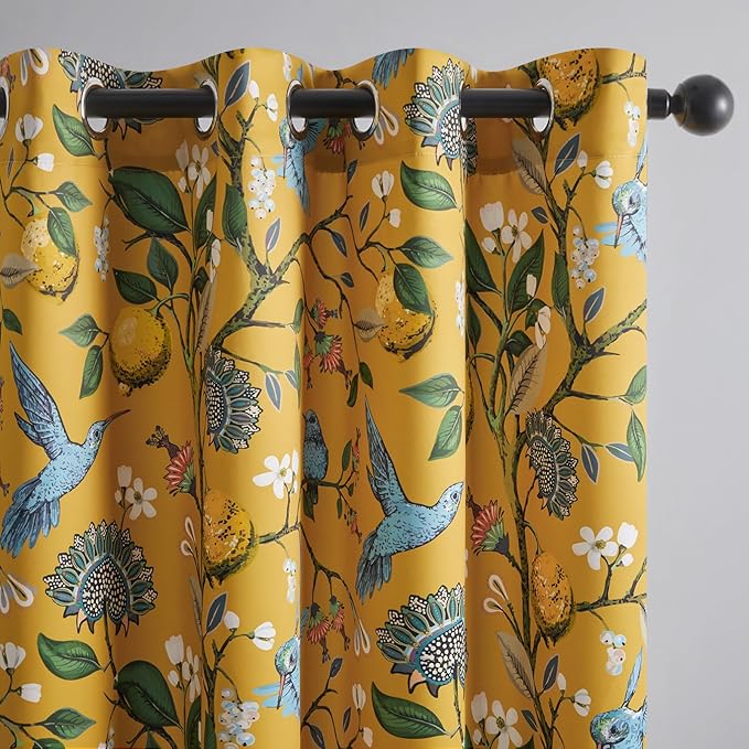 Topfinel 60 Inches Long Custom Mustard Yellow Luxury Curtains for Living Room Bedroom, Blackout Vintage Victorian Curtains Floral Lemon Hummingbird Printed Grommet Drape 60 Inch Length