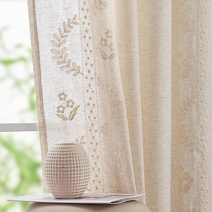 jinchan Belrose Linen Curtains for Bedroom Floral Curtains 108 Inch Length Linen Blend Ivory Embroidered Drapes Farmhouse Flower Patterned Drapes for Living Room Window Treatments Set 2 Panels