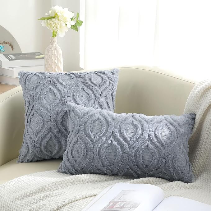 decorUhome Throw Pillow Covers 22x22 Inch Set of 2, Soft Plush Faux Wool Blue Grey Solid Couch Pillow Covers, Accent Euro Sham Farmhouse Neutral Square Pillow Cases for Sofa Bed Living Room
