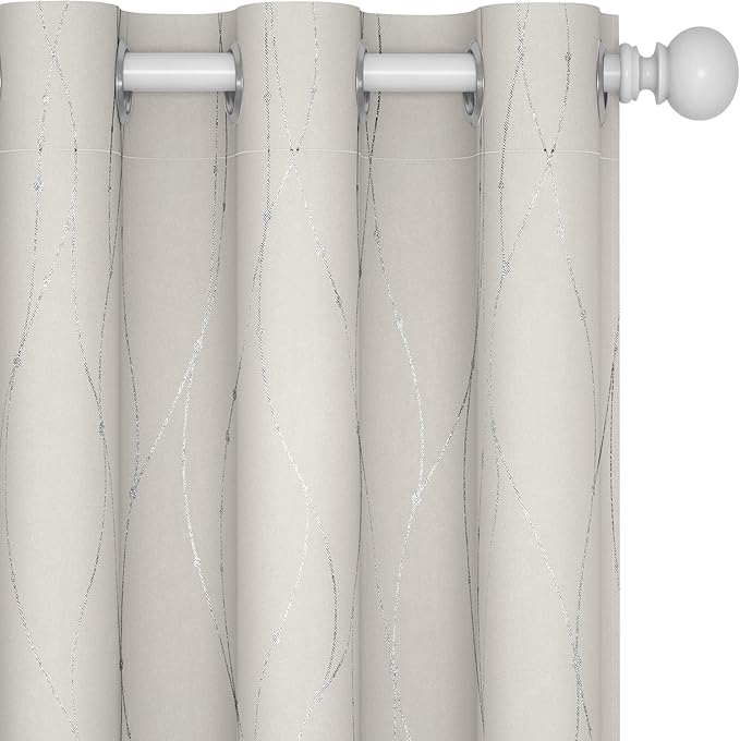 Deconovo Beige Curtains for Living Room, Room Darkening Soundproof Drapes with Wave Dots Silver Print, 38 x 72 Inch Long, Grommet Top, Set of 2 Window Panels for Living Room Bedroom Office Nursery