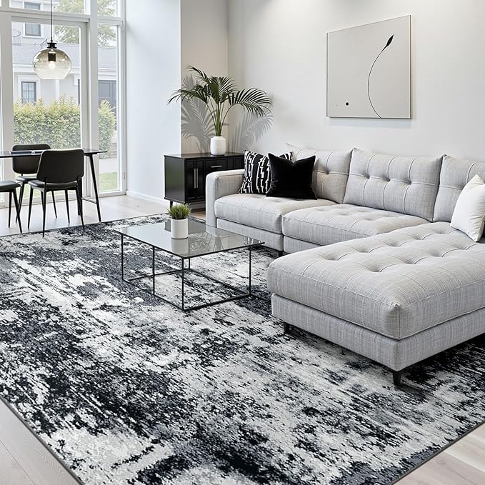 Washable Area Rugs 5'x7' Non-Slip Modern Abstract Soft for Living Room Entryway Bedroom Nursery, Print Pattern, Black Navy Blue Gray