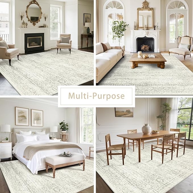 Washable Rugs 6x9 Area Rugs for Living Room,Bedroom,Dining Room- Large Ultra Soft Faux Wool Retro Carpets,Non Slip&Non-Shedding Low Pile Vintage Print Rug for Home Office Decor-Beige