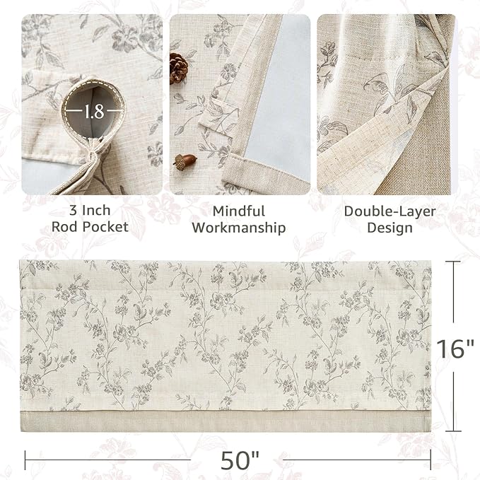 jinchan Linen Kitchen Valance for Windows 16 Inch Gray Floral Double Layer Valance Living Room Laundry Room Darkening Rustic Cottagecore Farmhouse Flower Window Treatment 1 Panel Grey on Linen
