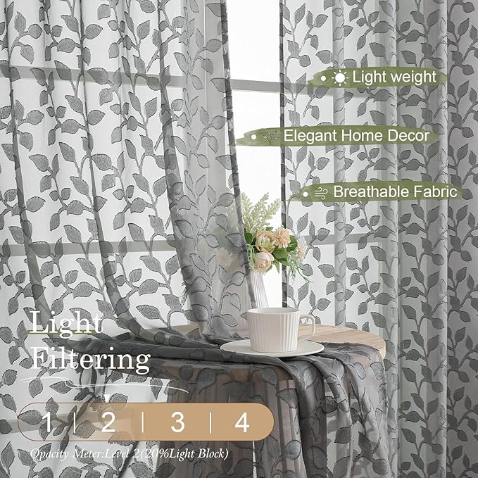 Chyhomenyc Extra Long Charcoal Grey Sheer Curtains 120 Inch Length 2 Panels Set, Light Filtering Tufted Textured Soft Airy Rod Pocket Leaf Window Treatment Drapes for Living Room, 52" Wx120 L, 2PCS
