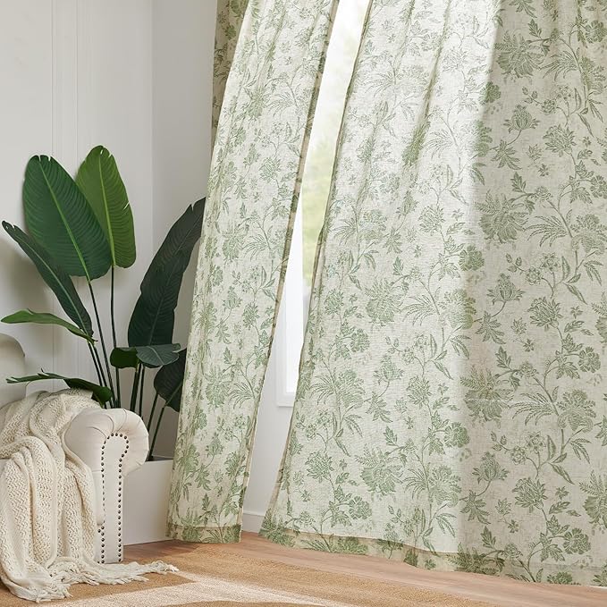 jinchan Linen Floral Curtains for Living Room with Printed Flower 96 Inches Long Light Filtering French Country Back Tab Rod Pocket Sage Green Window Curtain Set Farmhouse Drapes 2 Panels