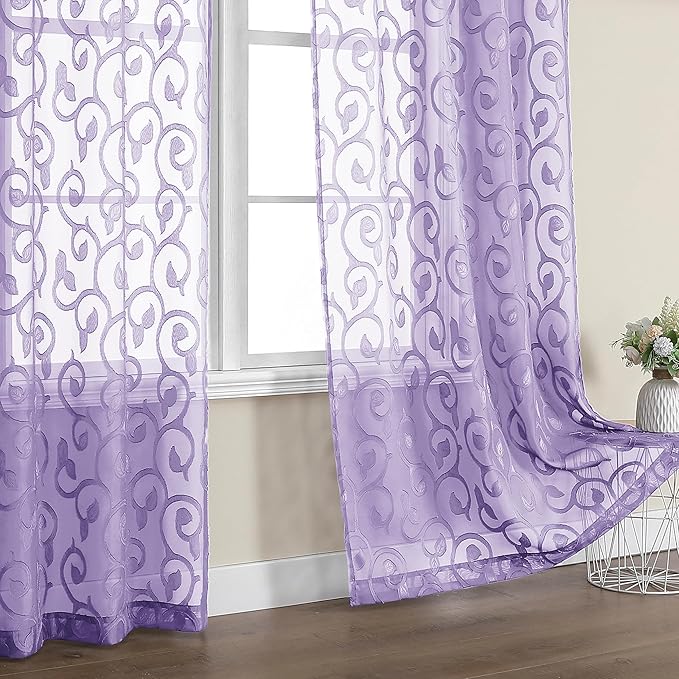 OWENIE Furman Sheer Curtains 84 inches Long for Bedroom Living Room 2 Panels Set, Light Purple Curtains Jacquard Clip Light Filtering Semi Sheer Curtain Rod Pocket Window Drapes, 2 Pcs Each 40 W 84