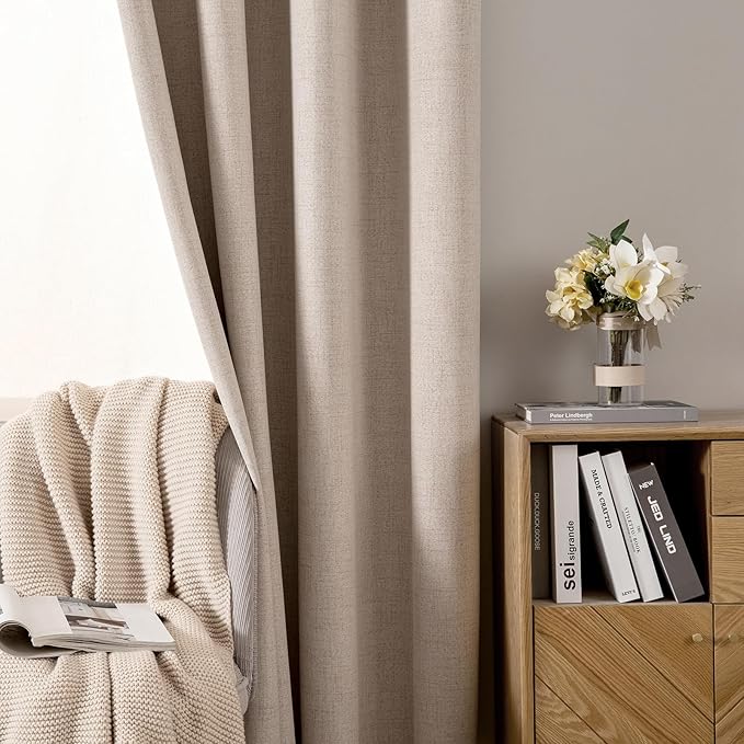 MIULEE 100% Blackout Linen Textured Curtains for Bedroom Solid Thermal Insulated Natural Beige Grommet Room Darkening Curtains & Drapes Luxury Decor for Living Room Nursery 52 x 80 Inch (2 Panels)