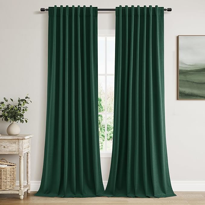 Guken Dark Green 100% Blackout Curtains 96 Inch Length 2 Panels Set for Living Room Bedroom Back Tab Thermal Insulated Black Out Linen Drapes Decor 52x96 Long