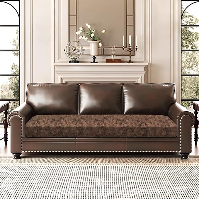 Leather Look Couch Cushion Covers Sofa Seat Slipcovers Sets Couches Furniture Protector for Sectional Armchair Loveseat Pets Kids Stretch Spandex Fabric (1 Cushion XL Sofa, Dark Brown)