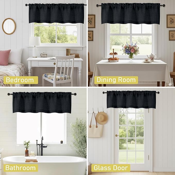 Valances for Windows, Light Filtering Faux Linen Textured Small Short Valance Curtains for Bathroom Basement Farmhouse, Rod Pocket Top Half Curtains for Windows, Black 52Wx12L Inch