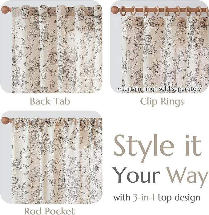 jinchan Linen Blend Curtain Floral Curtains for Living Room 84 Inch Length Black Printed Curtain Rod Pocket Back Tab Farmhouse Peony Flower Patterned Drapes Bedroom Window Curtains Set 2 Panels