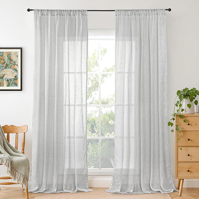 BGment Light Grey Linen Curtains 96 Inch Length for Living Room, Extra Long Window Drapes Lightweight Rustic Semi Sheer Textured for Bedroom Rod Pocket, 2 Panels Set, 52 Inch Wide